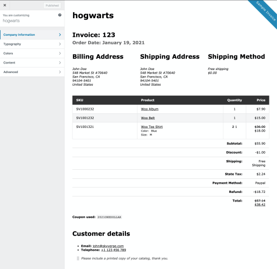 The Print Invoices/Packing Lists document template customizer.